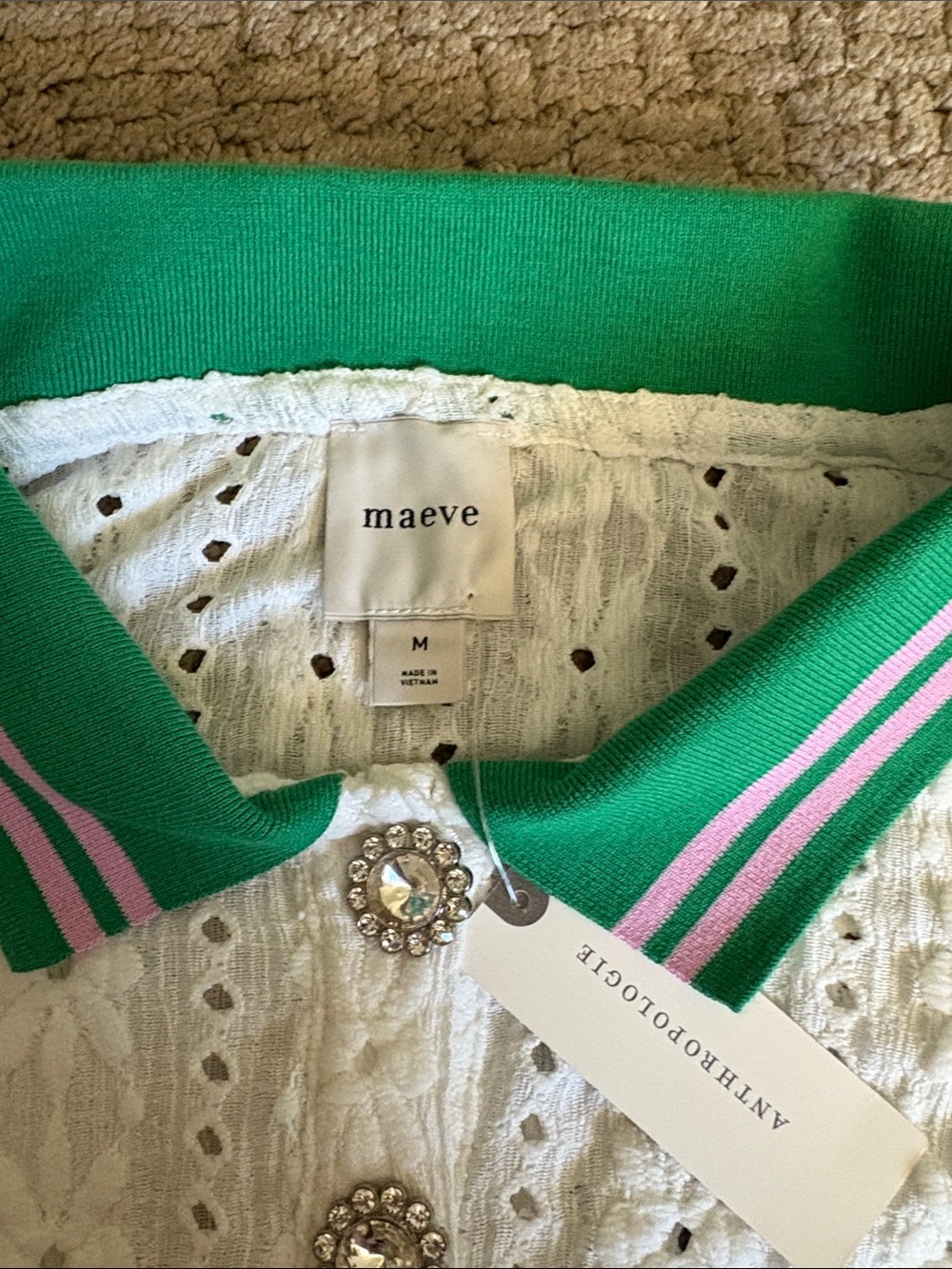 Anthropologie Maeve Puff Sleeve Lace Polo in White Green Size Medium New Tag - Picture 5 of 13
